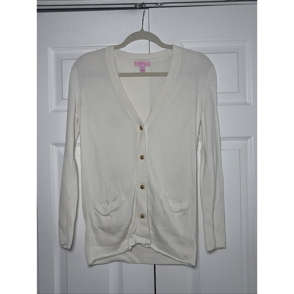 Lilly Pulitzer Ribbed V-Neck Cardigan Womens Size XS‎ White Gold Button Cotton